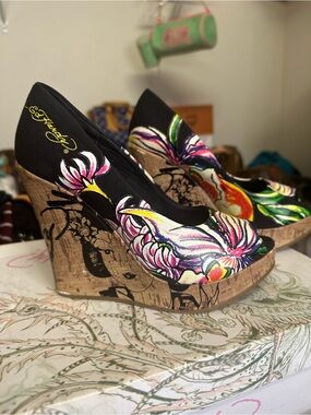 Ed Hardy Black Floral Multicolor Cork Wedge Heels